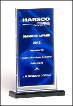 A6865 Clear acrylic award with dark blue draped satin
pattern and silver mirror border on a black acrylic base with blue mirror top.