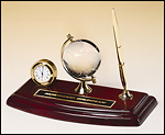BC545 Rosewood piano-finish desk set with pen, crystal globe and clock
